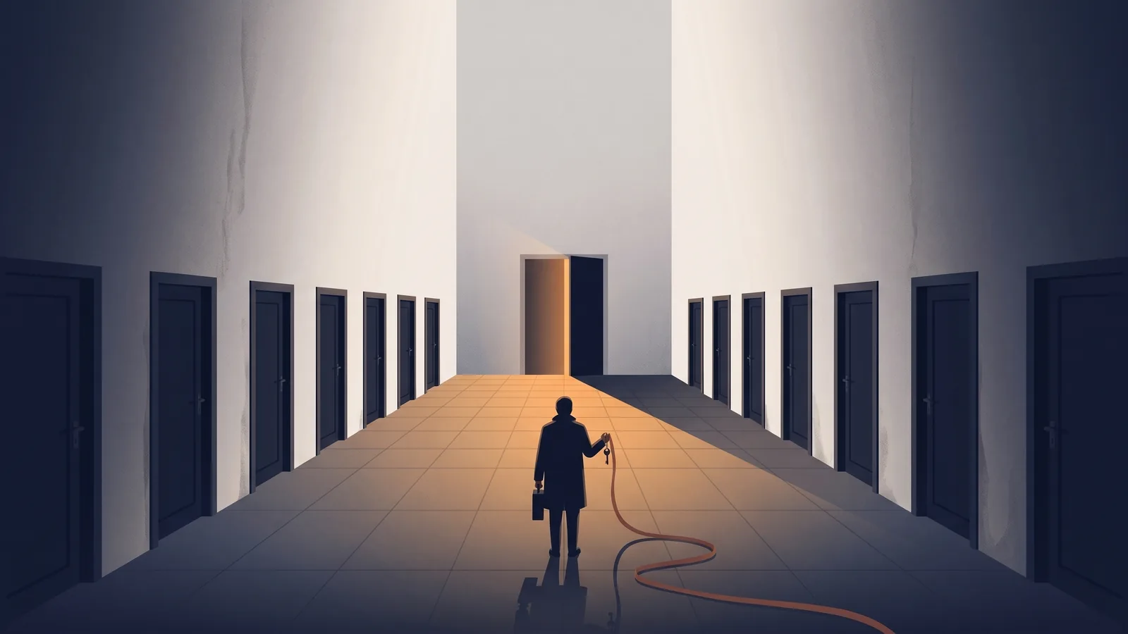 Figura anonima di spalle in un corridoio davanti a una porta socchiusa da cui filtra la luce, con una chiave in mano.