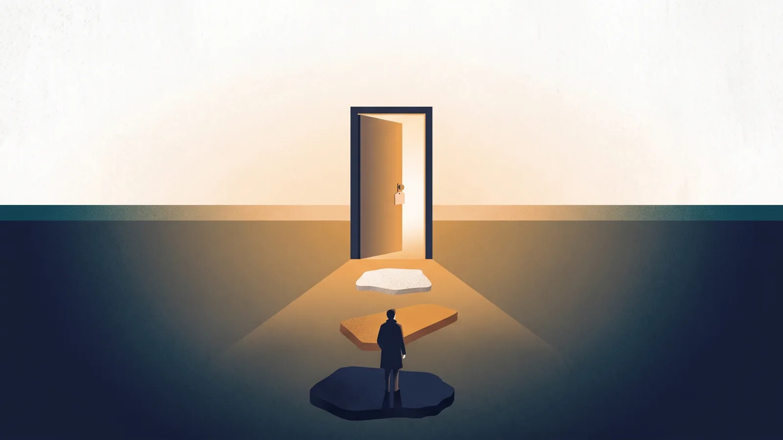 Una figura vista di spalle cammina su tre pietre verso una porta aperta isolata in un prato, simbolo dell'avvio di un'attività.